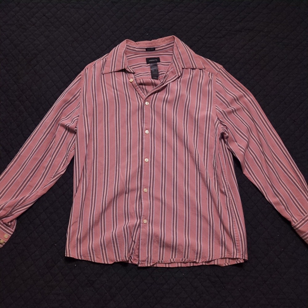 Claiborne Mens 100% Silk Striped Long Sleeve Button Down Shirt Modern Fit Large